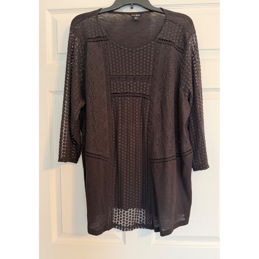 Lucky Brand Womens 3X Black Mixed Lace Crochet Slub Knit Top 3/4 Sleeve Boho